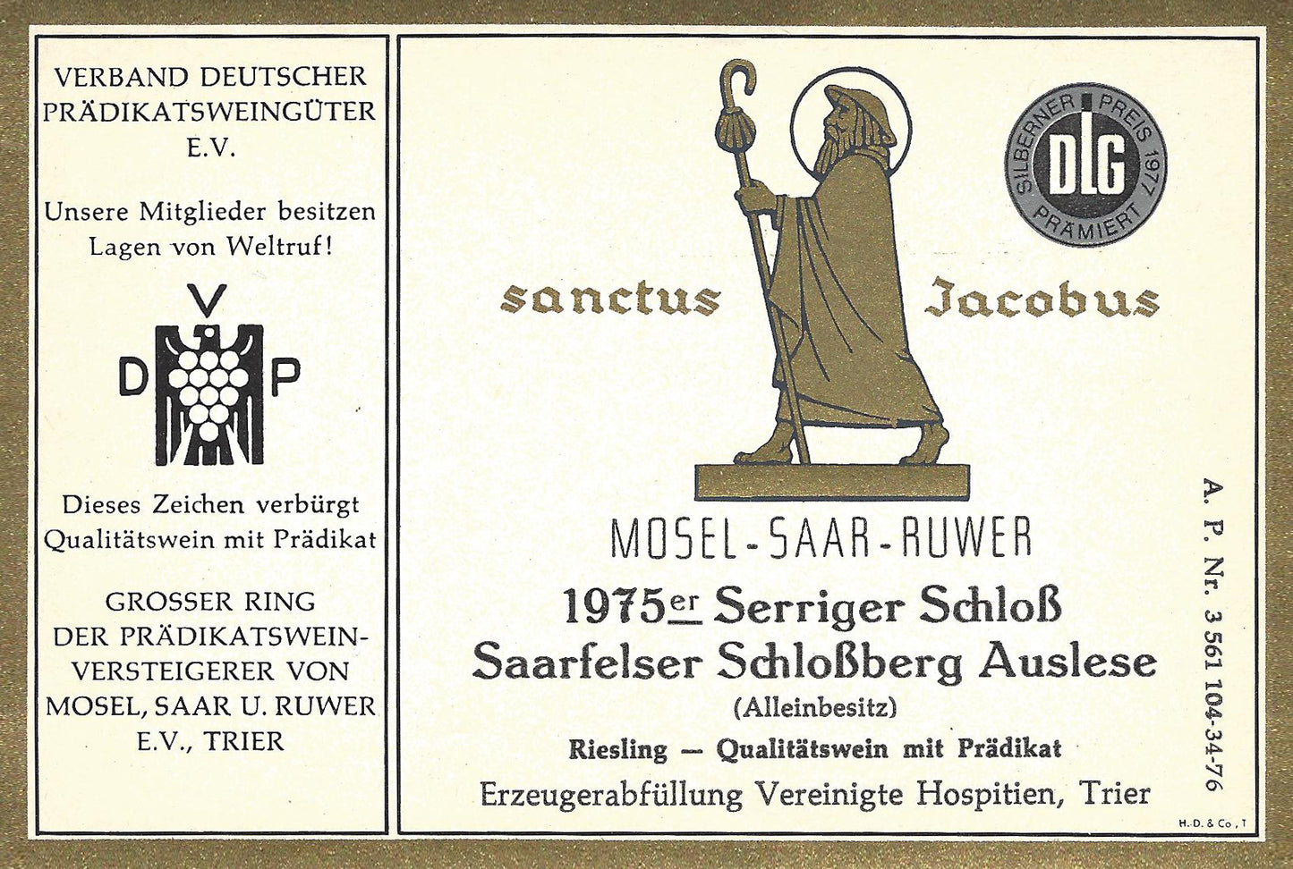 Vereinitge Hospitien - 1975 Serriger Schloss Saarfelder Schlossberg Riesling Auslese white wine